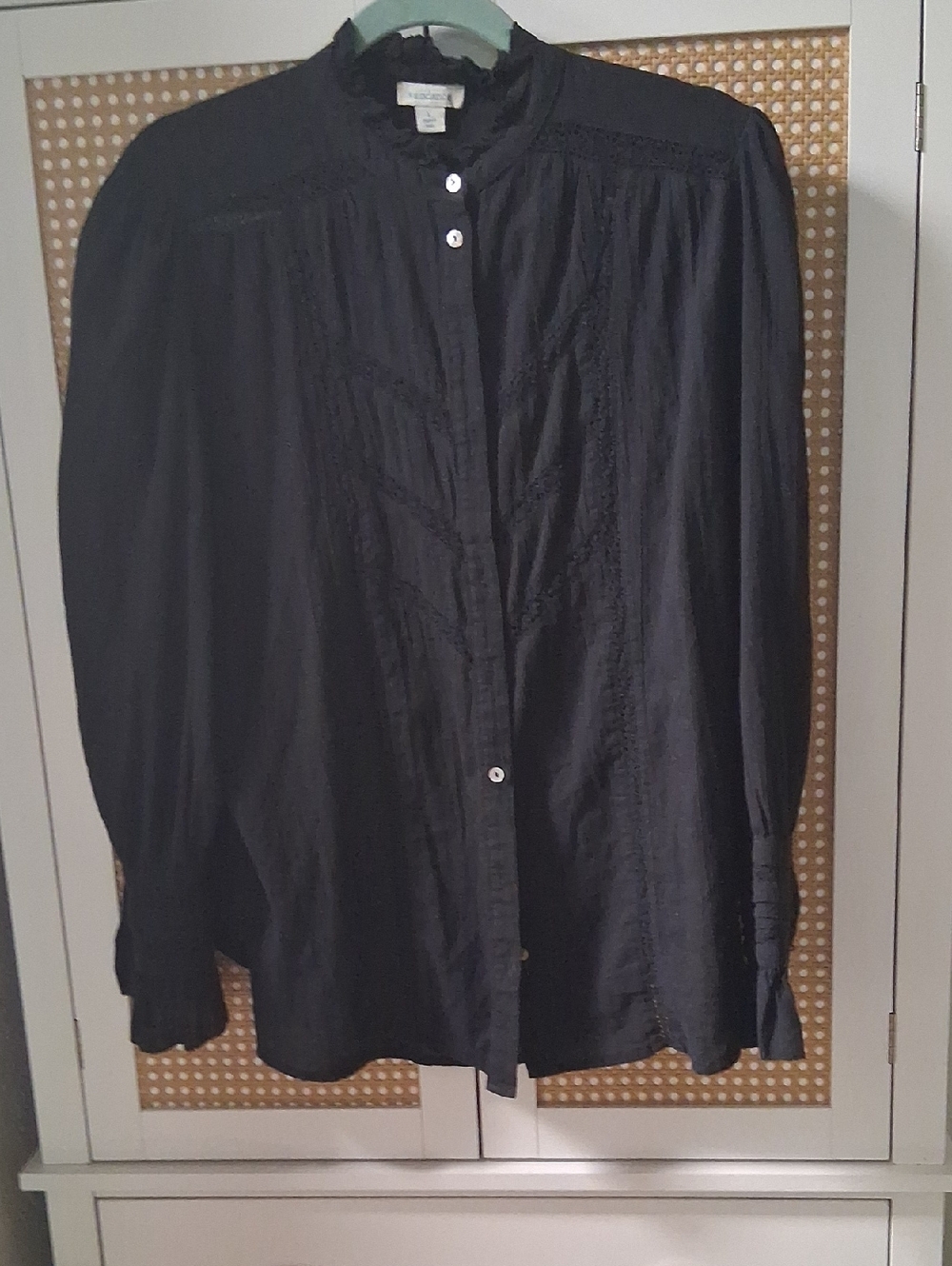 Sundance Black Button-Up Knit Top with Lace Trim